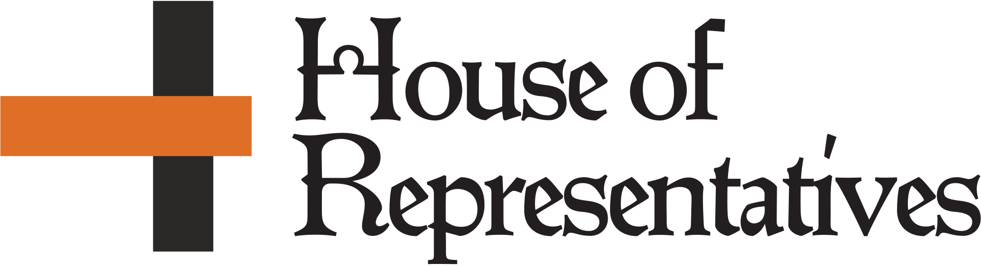 Dark gray and orange abstract squares, house of representatives logo, medieval type